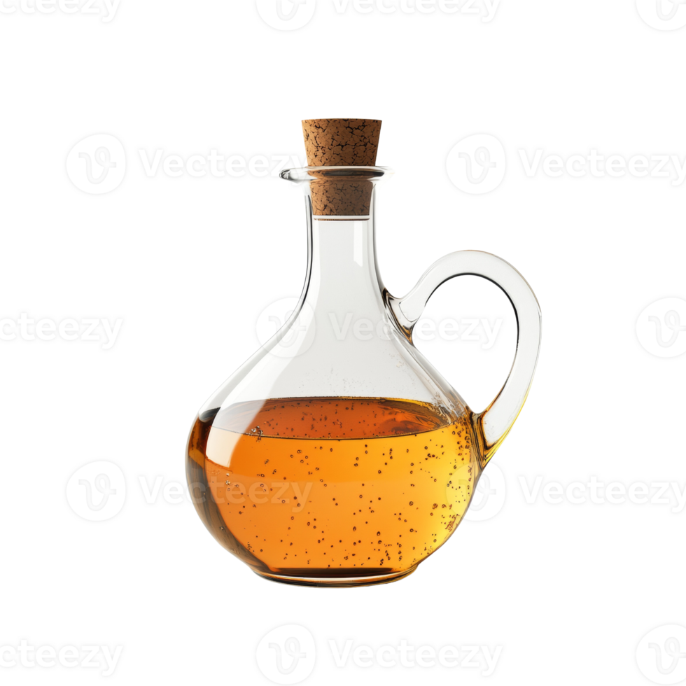 Amber liquid in a glass decanter with cork stopper png