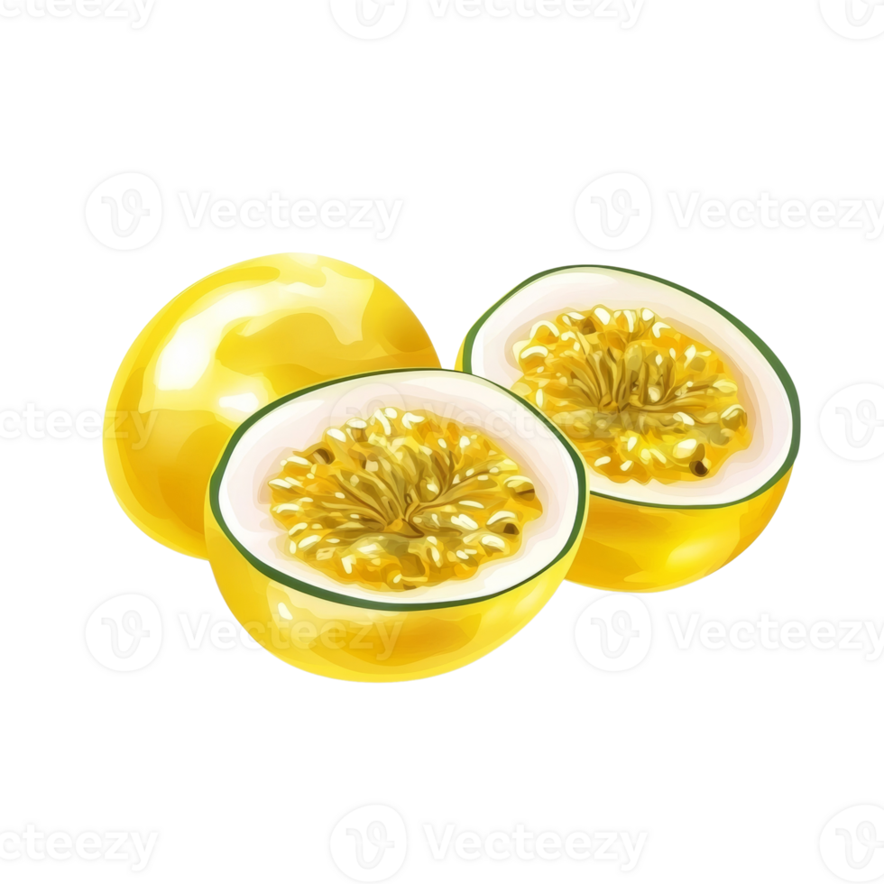 Golden Passion Fruits Sliced Showing Seeds Inside png