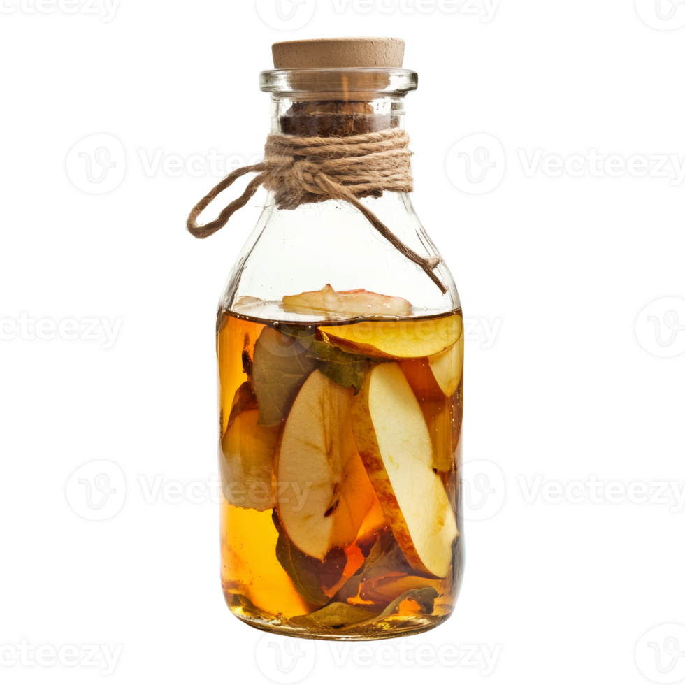 Apple slices and liquid in a glass bottle png