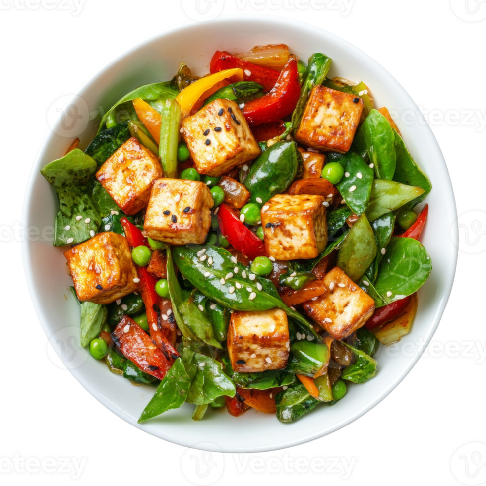 Pan Fried Tofu with Colorful Vegetables and Sesame Seeds png