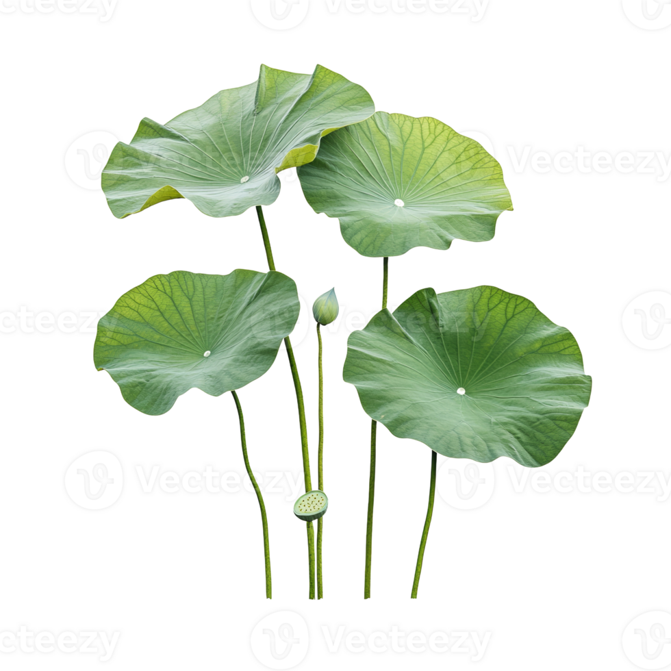 Green Lotus Leaves Bud and Seedpod Displayed Against Black png