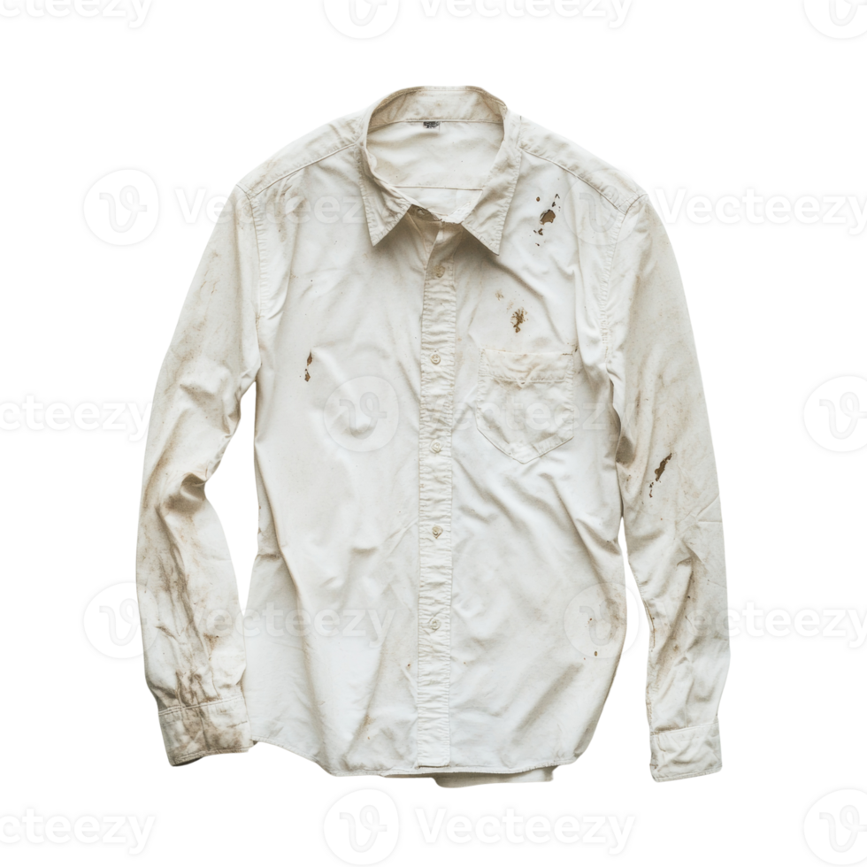 A soiled white long sleeved button down shirt png