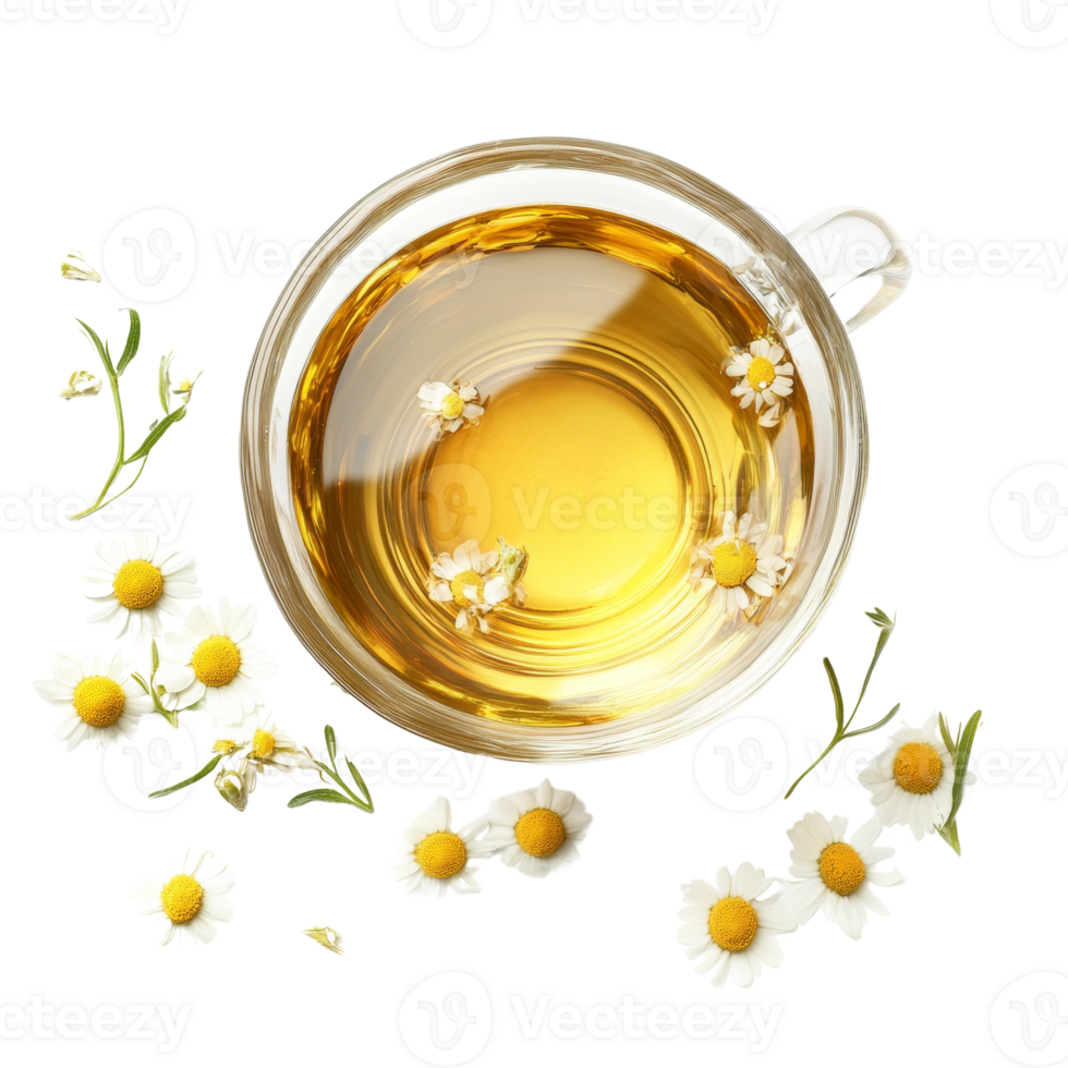 A glass cup of chamomile tea with chamomile flowers png