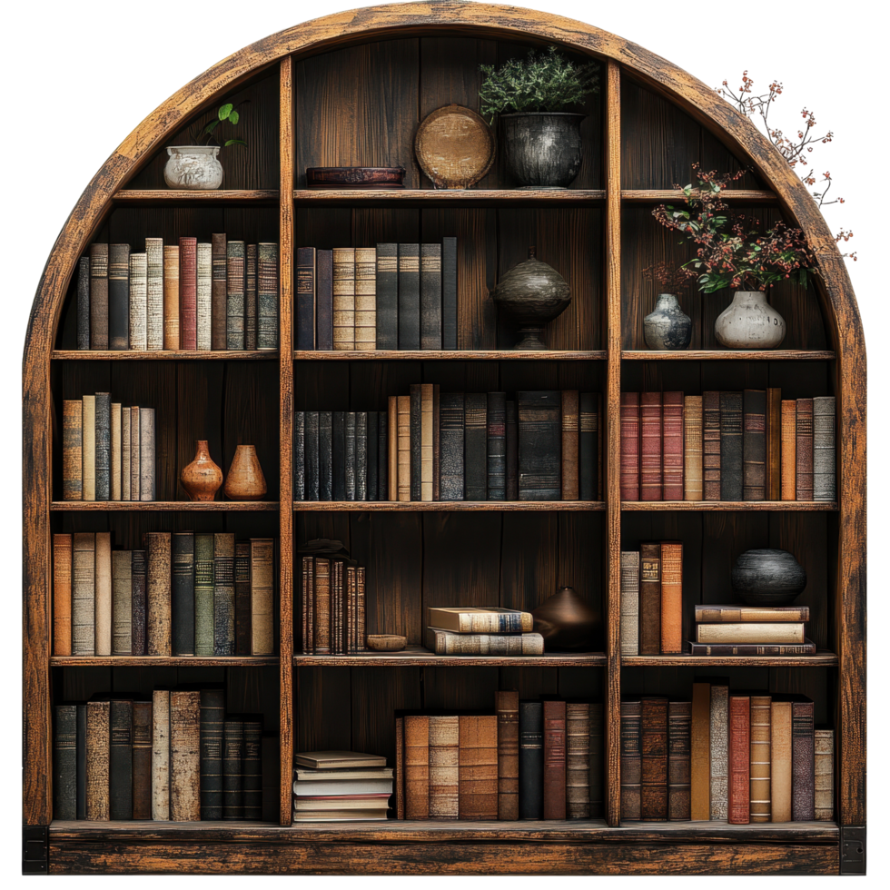 Elegant wooden bookshelf filled with antique books and decorative items in a cozy setting isolated on transparent background png