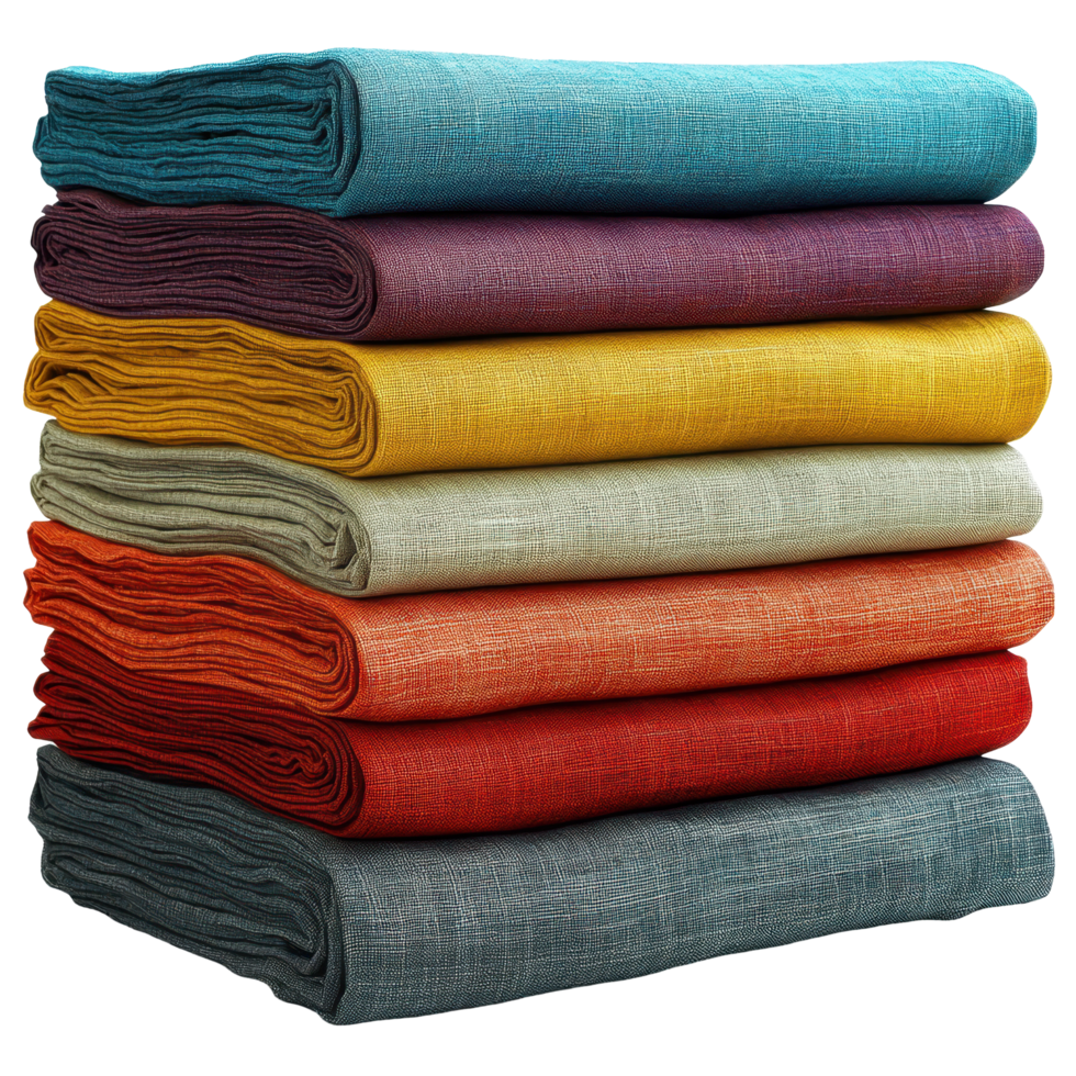 Colorful linen fabric collection stacked neatly on display for crafting or home decoration projects isolated on transparent background png