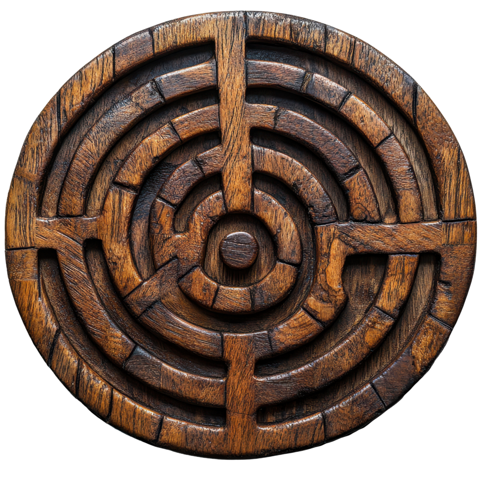 Decorative wooden labyrinth design crafted with intricate geometric shapes and patterns for interior decor isolated on transparent background png
