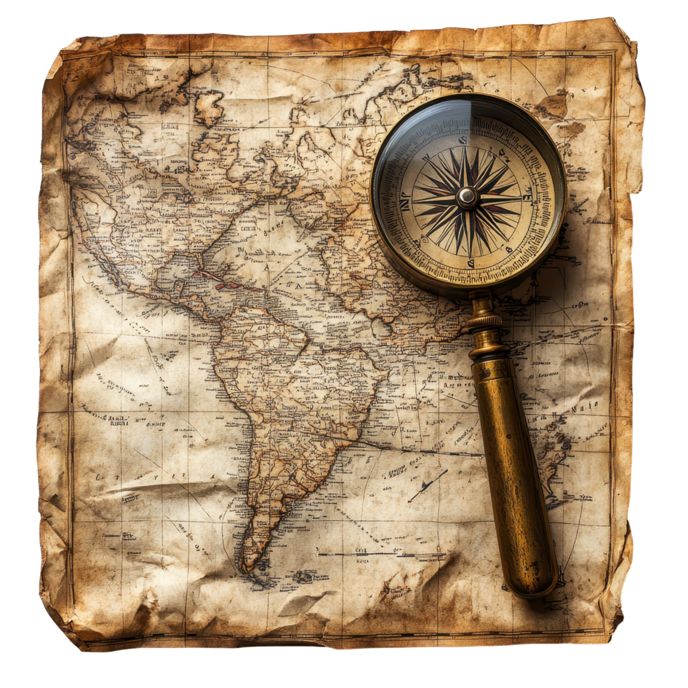 Old map of South America with a vintage compass placed on it for navigation and exploration purposes isolated on transparent background png