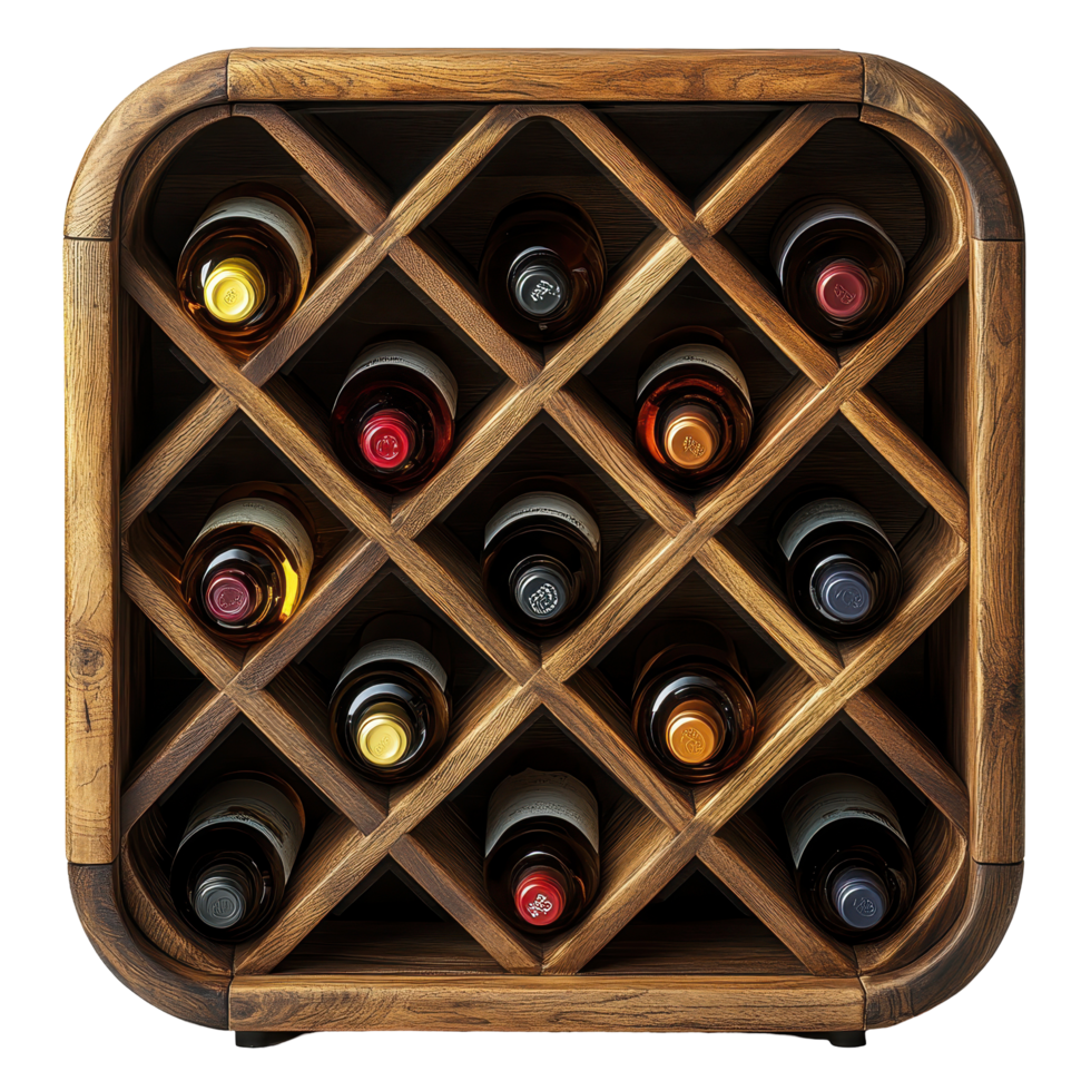 Wooden wine rack displaying a variety of bottles arranged in a creative design at home isolated on transparent background png