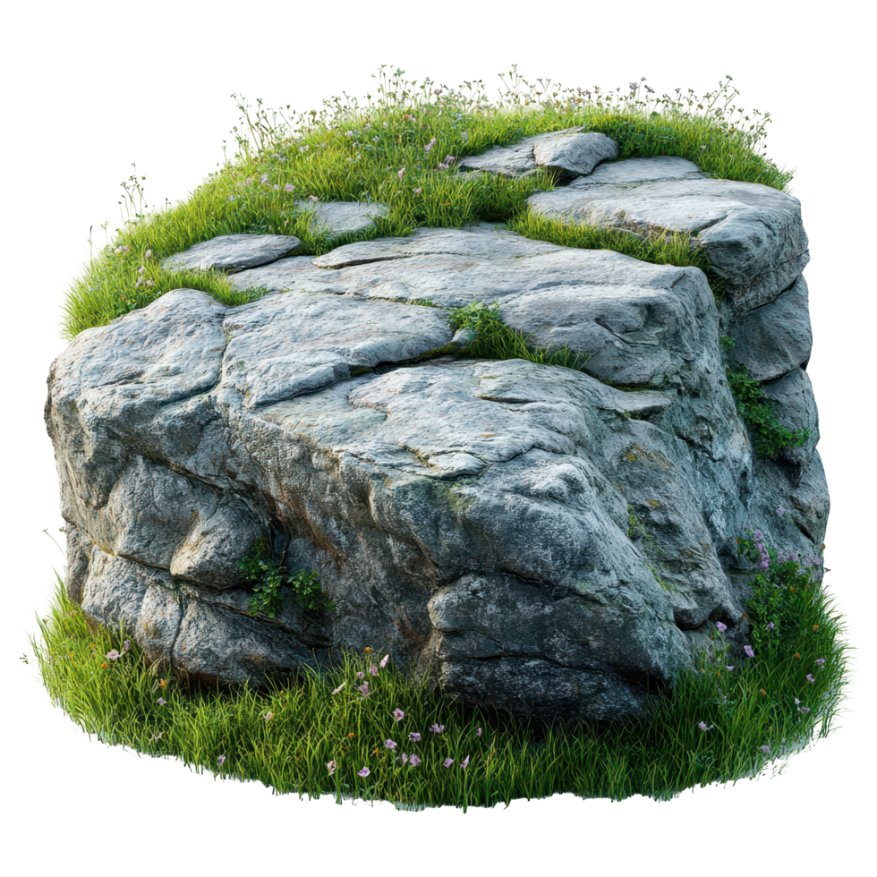 Natural rock formation covered with grass and wildflowers in a serene outdoor setting during daylight isolated on transparent background png