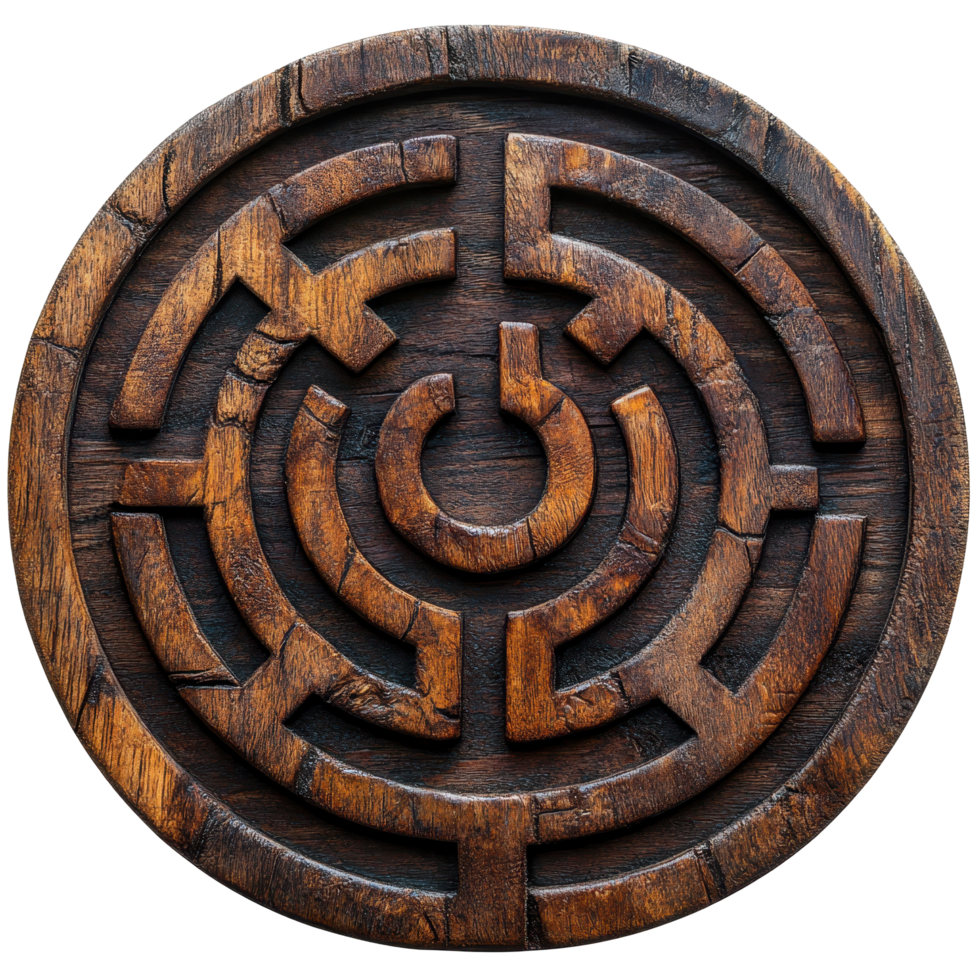 Intricate wooden maze design showcases craftsmanship and artistic detail in a circular format isolated on transparent background png