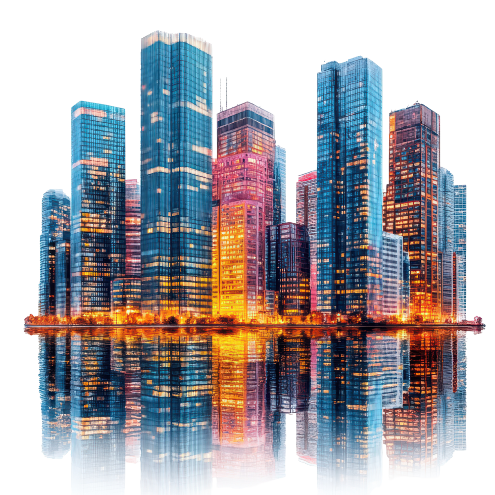 City skyline at dusk reflecting in water, showcasing modern architecture and colorful lights isolated on transparent background png