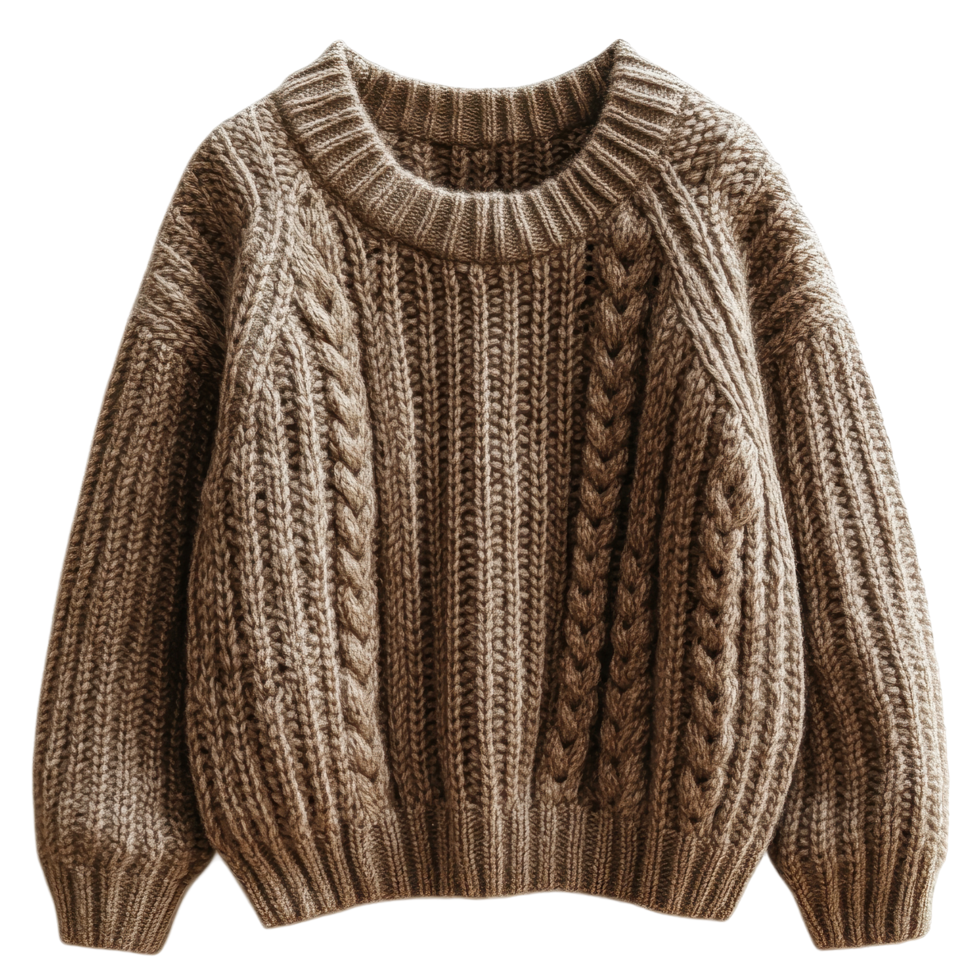 Cozy knitted sweater showcasing intricate cable patterns in warm brown tones perfect for chilly weather isolated on transparent background png