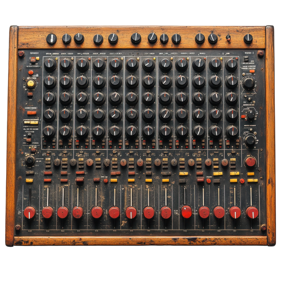 Vintage sound mixer console with numerous dials and sliders, indicative of a dedicated audio workstation setup isolated on transparent background png