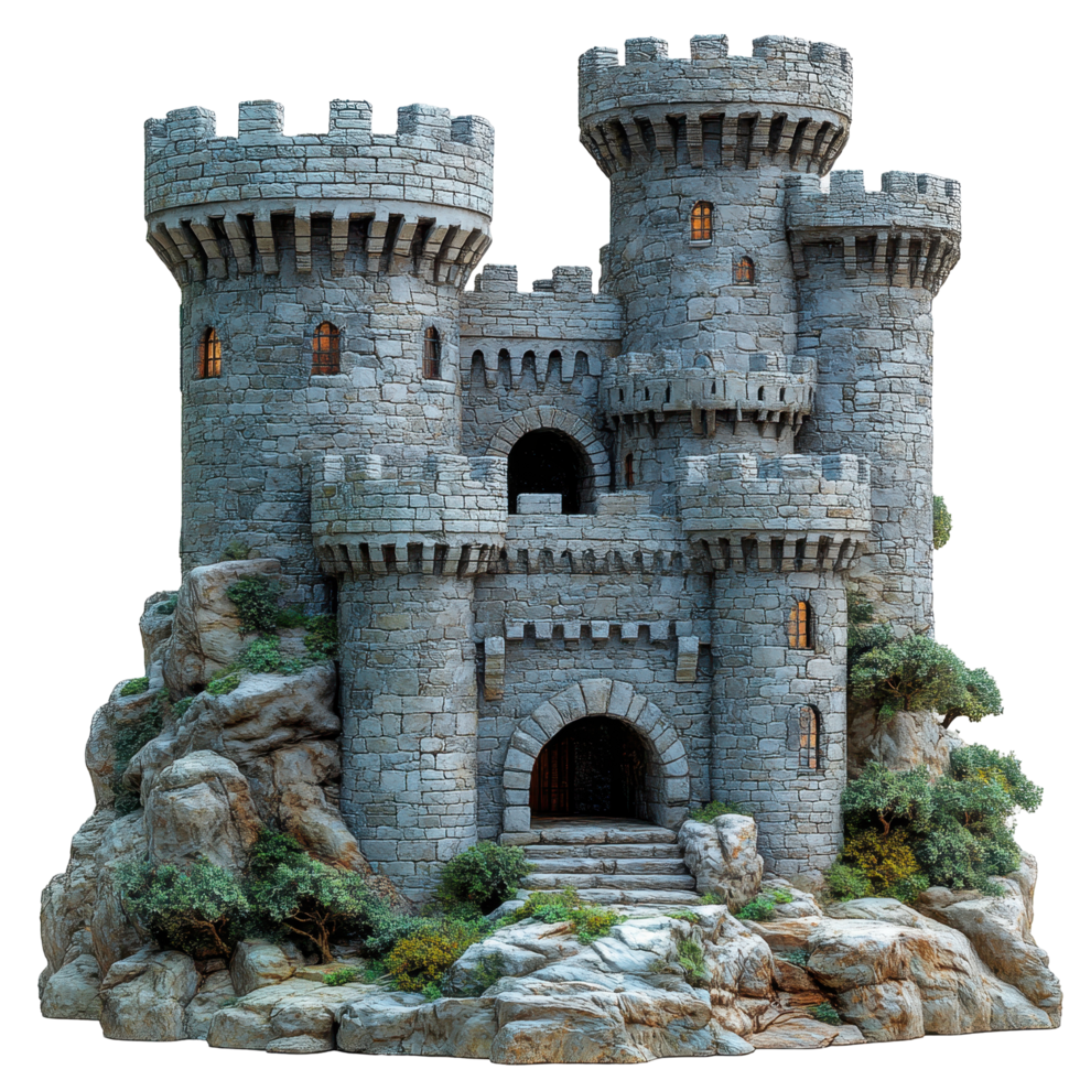 Medieval stone castle located on rocky terrain surrounded by greenery in a fantasy landscape isolated on transparent background png