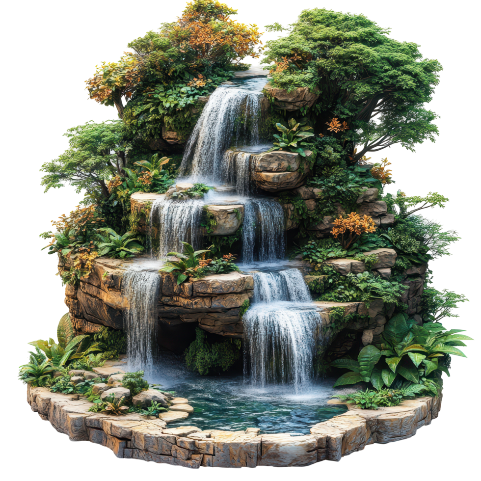 Cascading waterfall surrounded by lush greenery in a serene natural setting with colorful foliage isolated on transparent background png