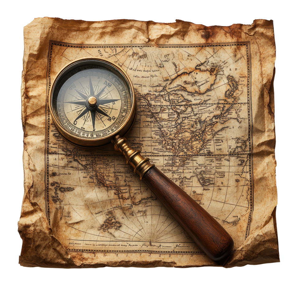 Vintage compass resting on old map with detailed cartography and weathered texture in natural light isolated on transparent background png