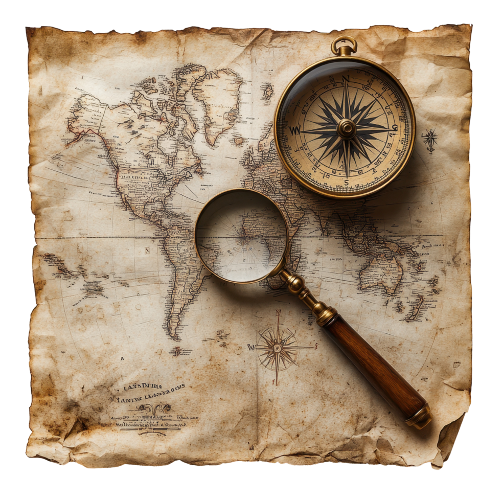 Vintage world map with compass and magnifying glass on aged parchment paper displayed artfully on a rustic surface isolated on transparent background png