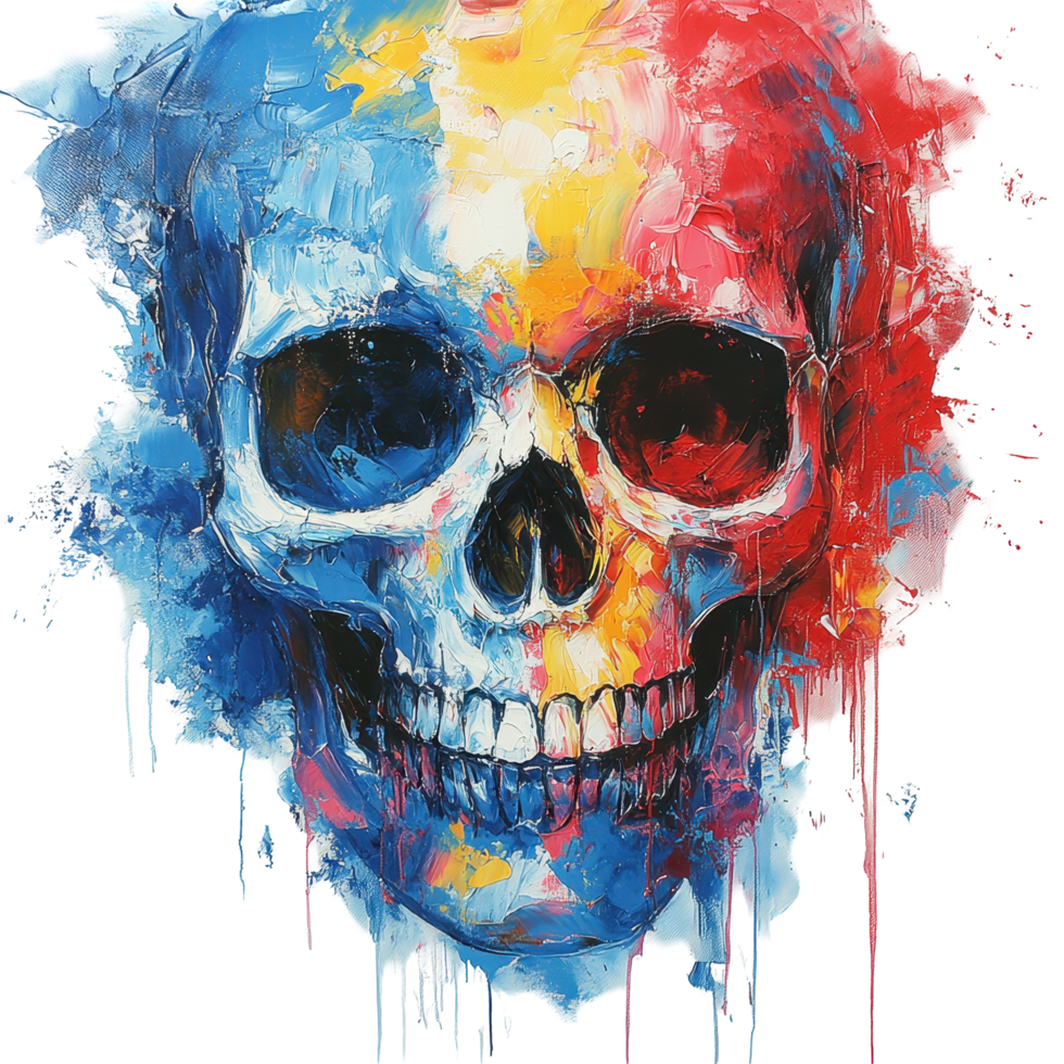 Colorful abstract skull art with vibrant hues of blue, yellow, and red creating a striking visual impact isolated on transparent background png