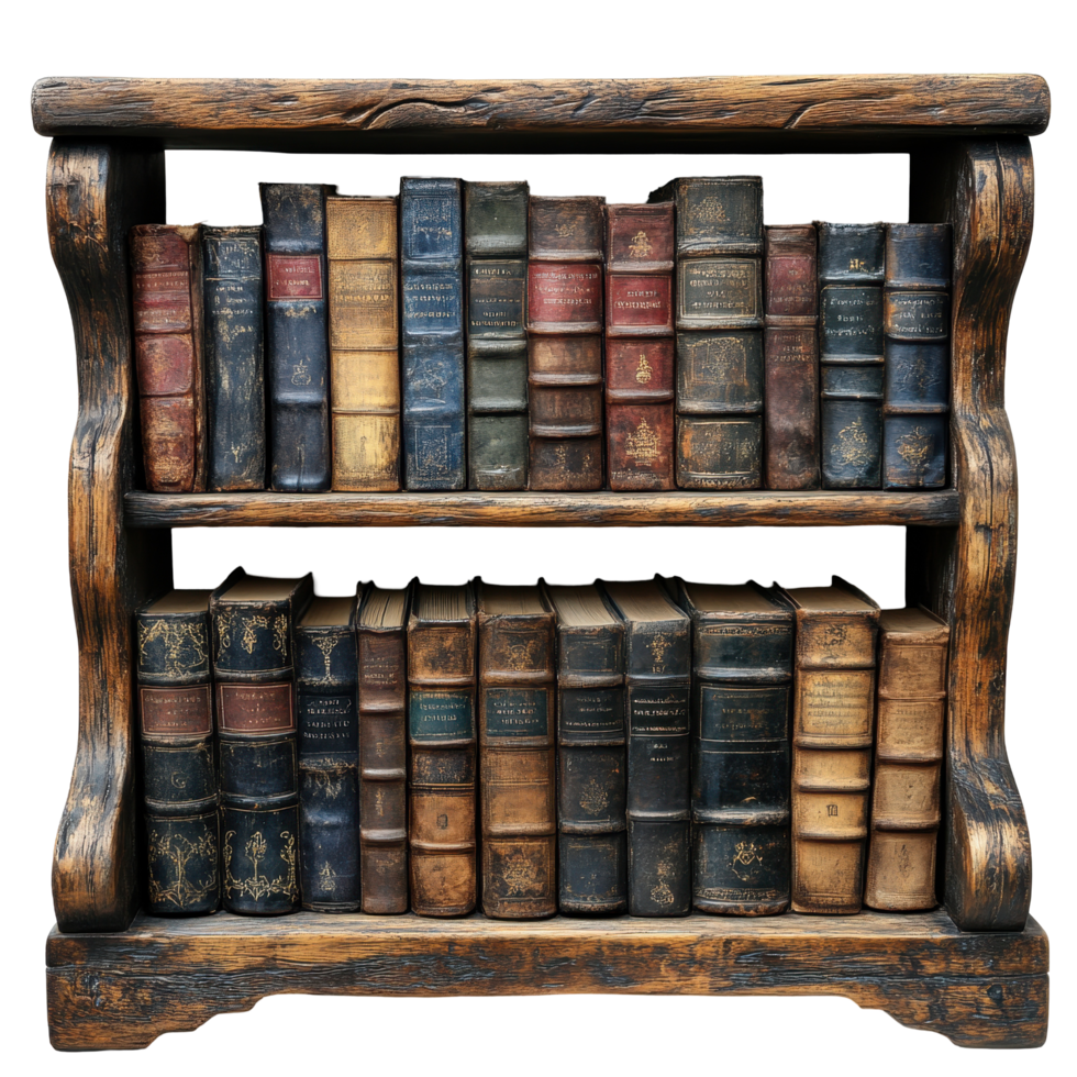 Collection of vintage books displayed on a rustic wooden shelf in a cozy library setting isolated on transparent background png