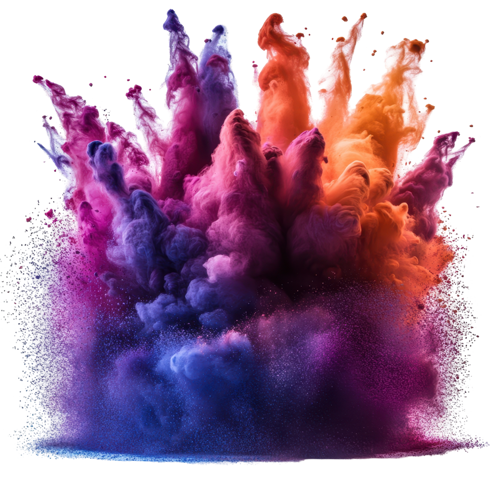Colorful explosion of powdered pigments creating vibrant cloud formations at an outdoor event isolated on transparent background png