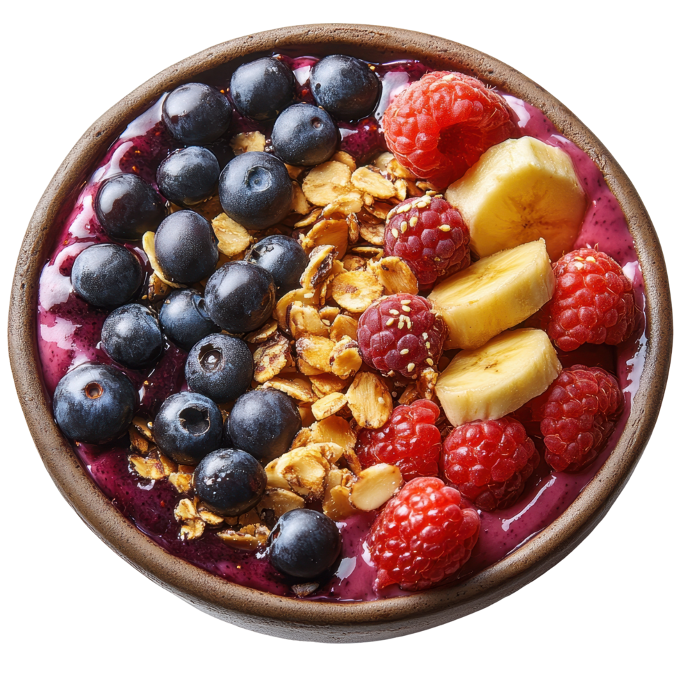 Delicious smoothie bowl topped with fresh fruits and granola for a healthy breakfast isolated on transparent background png