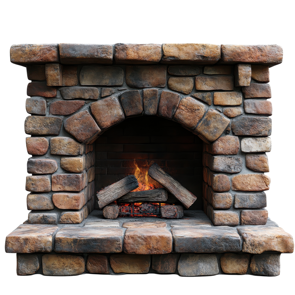 Rustic stone fireplace with crackling fire and wooden logs in warm, cozy setting at a mountain cabin isolated on transparent background png