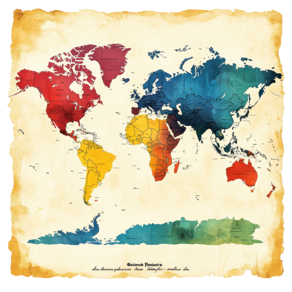 Colorful world map showcasing geographical divisions and vibrant regions in artistic design isolated on transparent background png