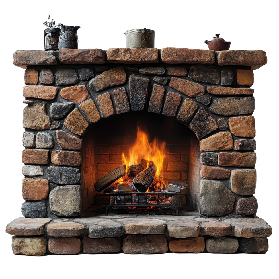 Cozy stone fireplace with roaring fire and decor on mantel in warm setting isolated on transparent background png