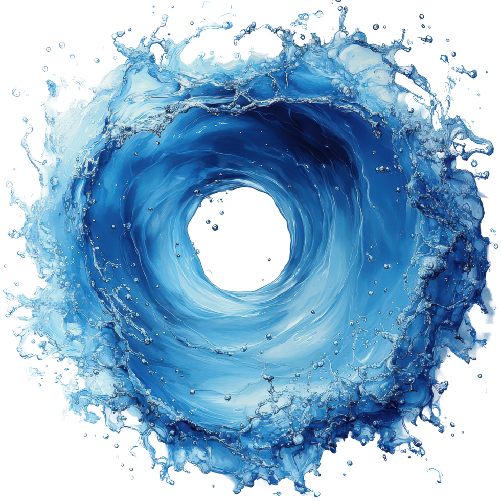 Dynamic water whirlpool formation captured in a circular splash from a high-speed perspective isolated on transparent background png