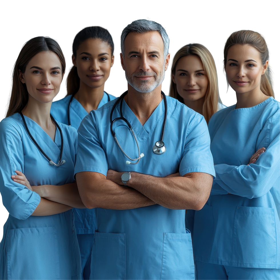 Diverse medical team in scrubs posing confidently in a clinical setting isolated on transparent background png