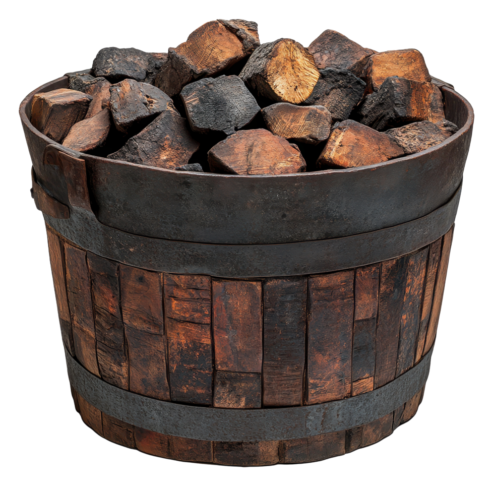 Wooden bucket filled with stacked firewood ready for use in a cozy setting isolated on transparent background png