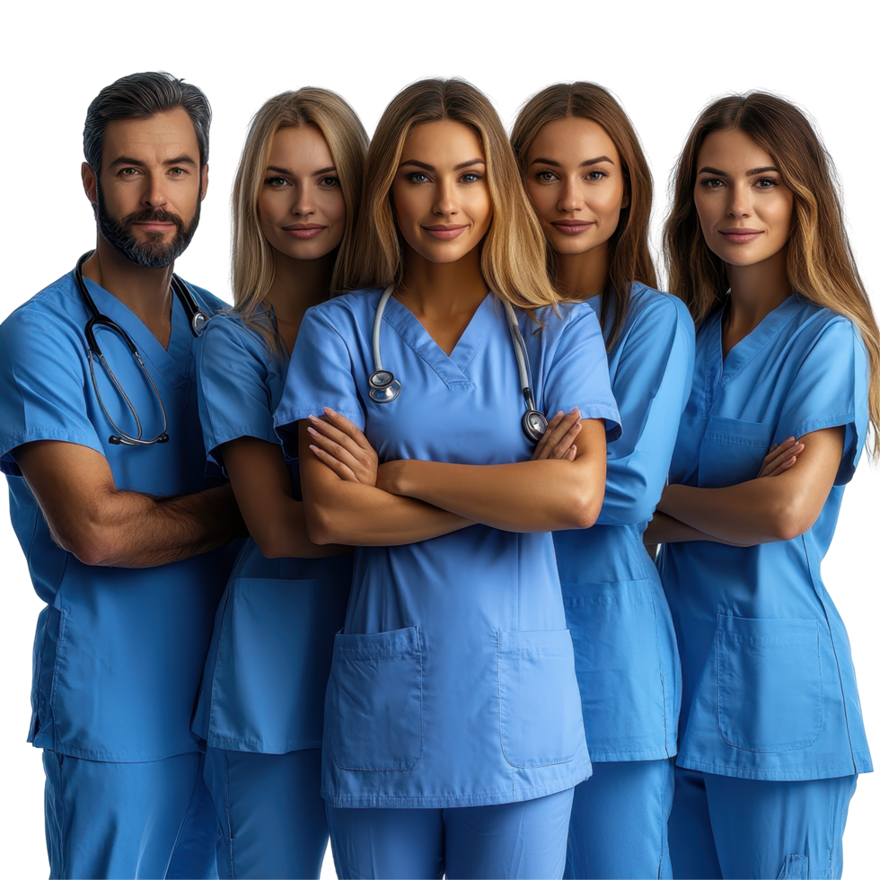 Medical professionals pose together in scrubs to symbolize teamwork and care in a healthcare setting isolated on transparent background png