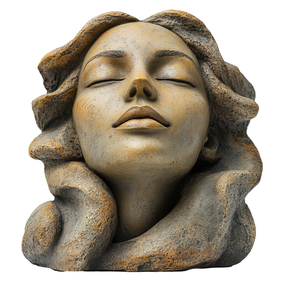 Elegant stone sculpture of a serene woman with flowing hair and peaceful expression showcasing artistic craftsmanship isolated on transparent background png