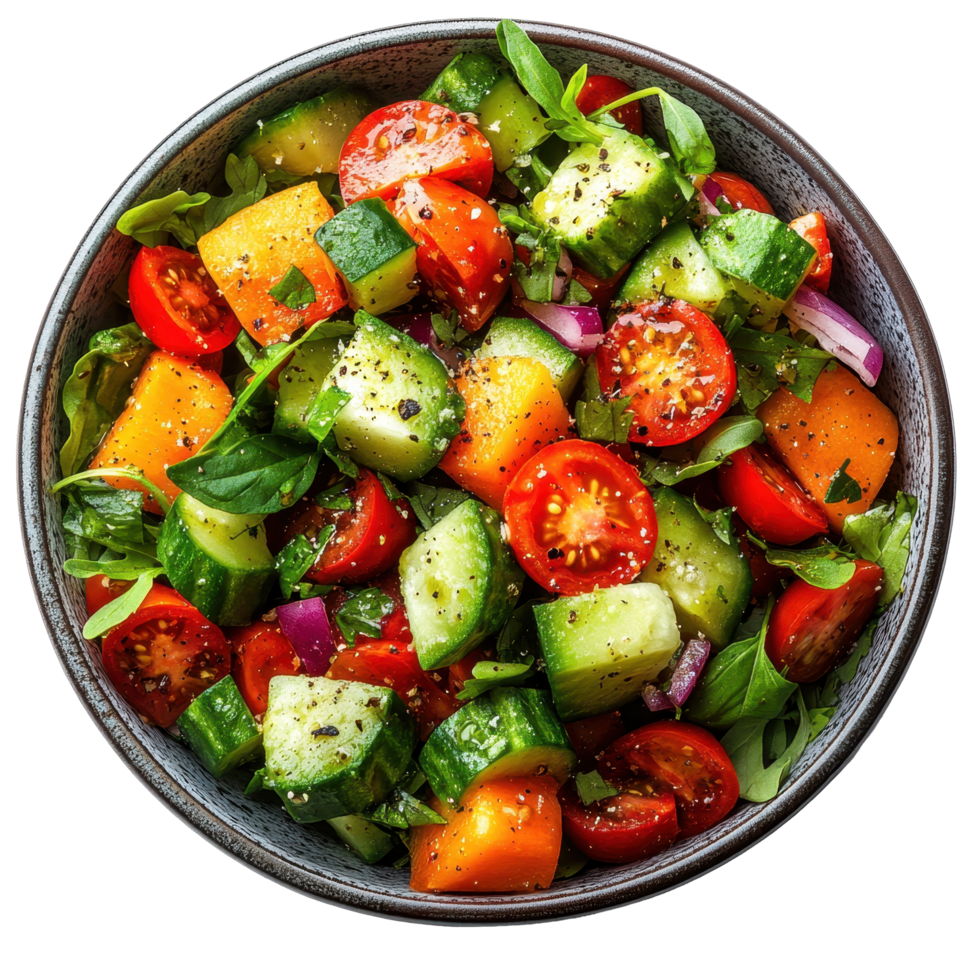 Fresh cucumber and tomato salad with colorful vegetables served in a bowl isolated on transparent background png