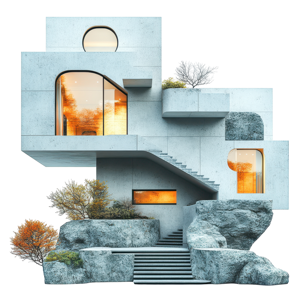 Unique modern architecture blends with natural rock formations in a striking visual composition isolated on transparent background png
