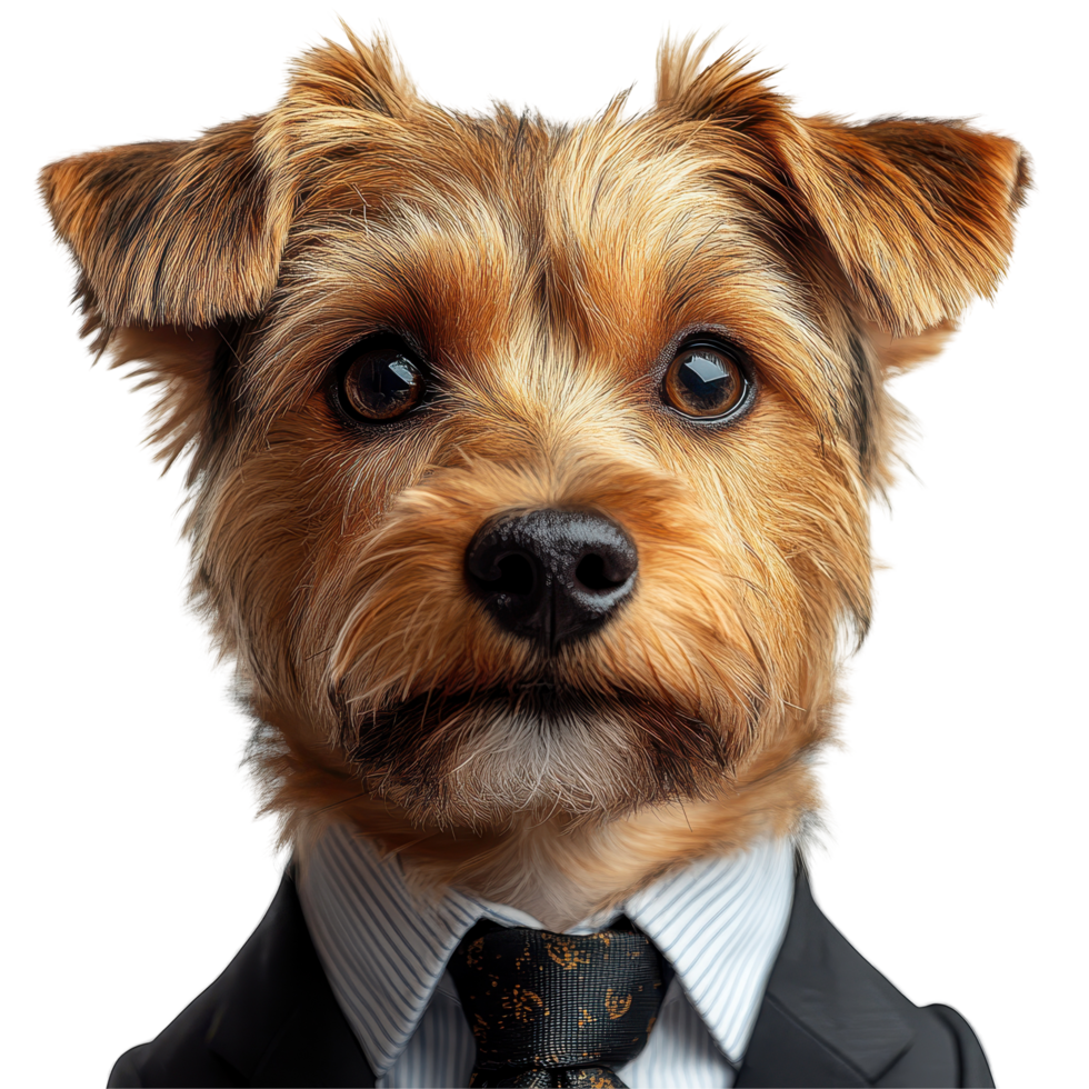 Dog dressed in a suit with a tie, showcasing a unique blend of professionalism and charm in a whimsical setting isolated on transparent background png