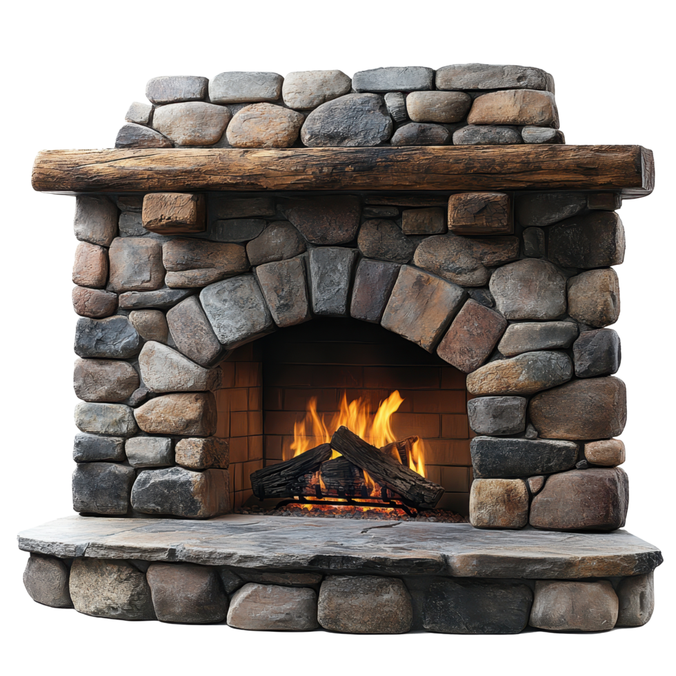 Warm and inviting stone fireplace with a rustic mantel and crackling firewood glowing in a cozy setting isolated on transparent background png