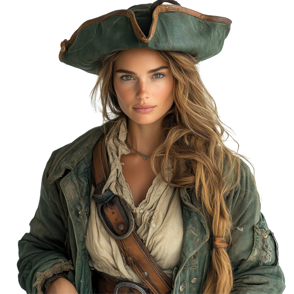 Woman dressed as a pirate stands confidently with an adventurous expression and striking outfit featuring a green hat and rugged attire isolated on transparent background png