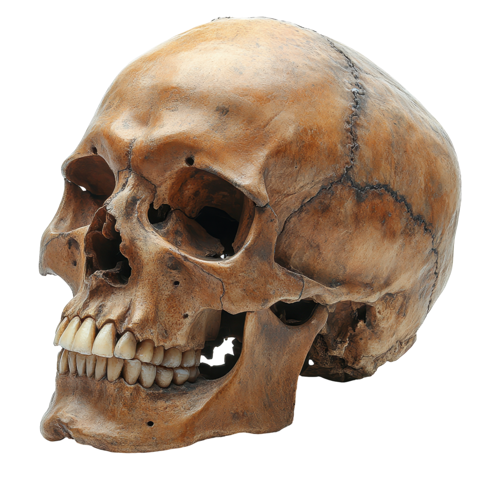 Detailed human skull showcasing natural aging and wear, highlighting unique features and structure isolated on transparent background png