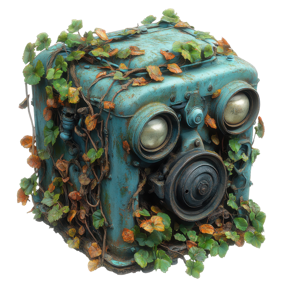 Old vintage object covered in green vines and leaves resting in natural surroundings isolated on transparent background png