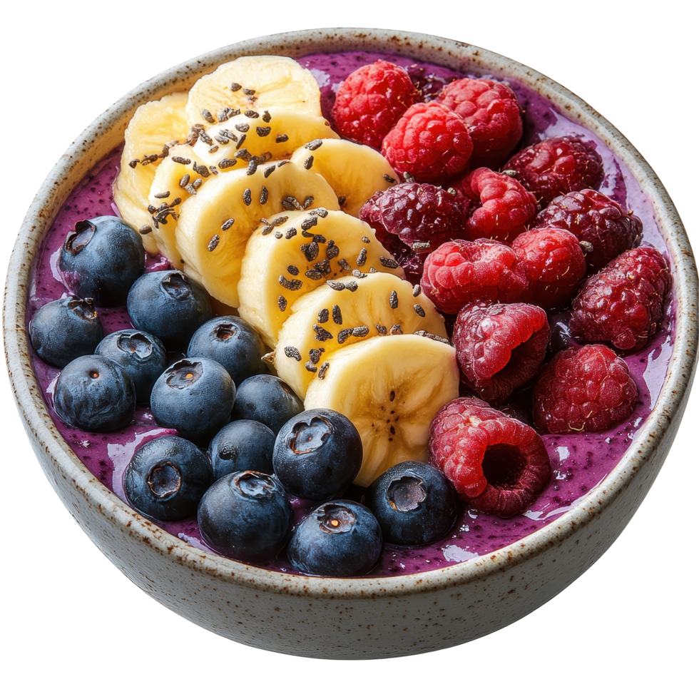 Colorful smoothie bowl topped with fresh fruits and chia seeds served in a ceramic bowl isolated on transparent background png