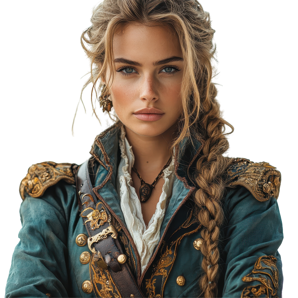 Young woman in ornate pirate costume stands confidently, embodying the spirit of adventure and exploration during historical reenactments isolated on transparent background png