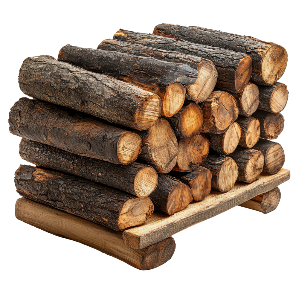 Stacked logs on a wooden base for firewood storage in a rustic setting during daylight hours isolated on transparent background png