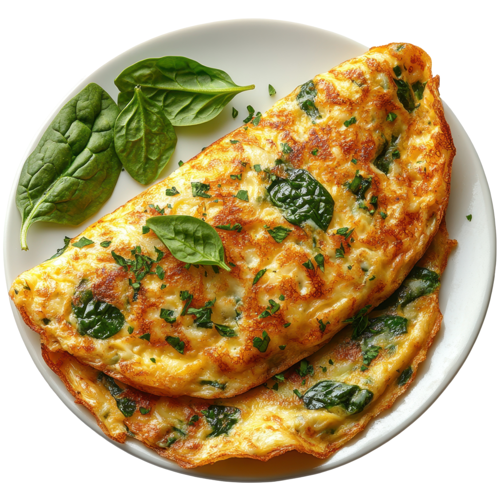 Delicious spinach omelette served on a white plate with fresh herbs and greens isolated on transparent background png