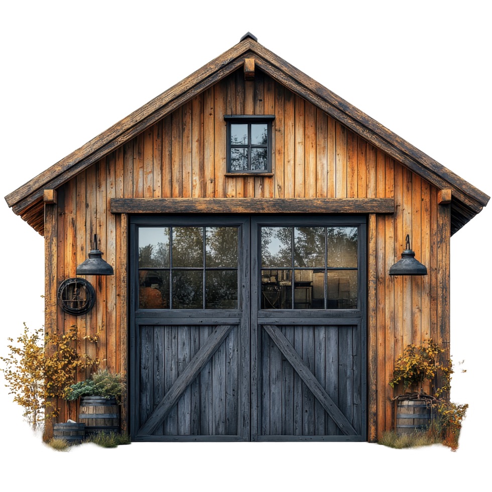 Rustic wooden barn with a charming facade and decorative elements in a tranquil outdoor setting isolated on transparent background png