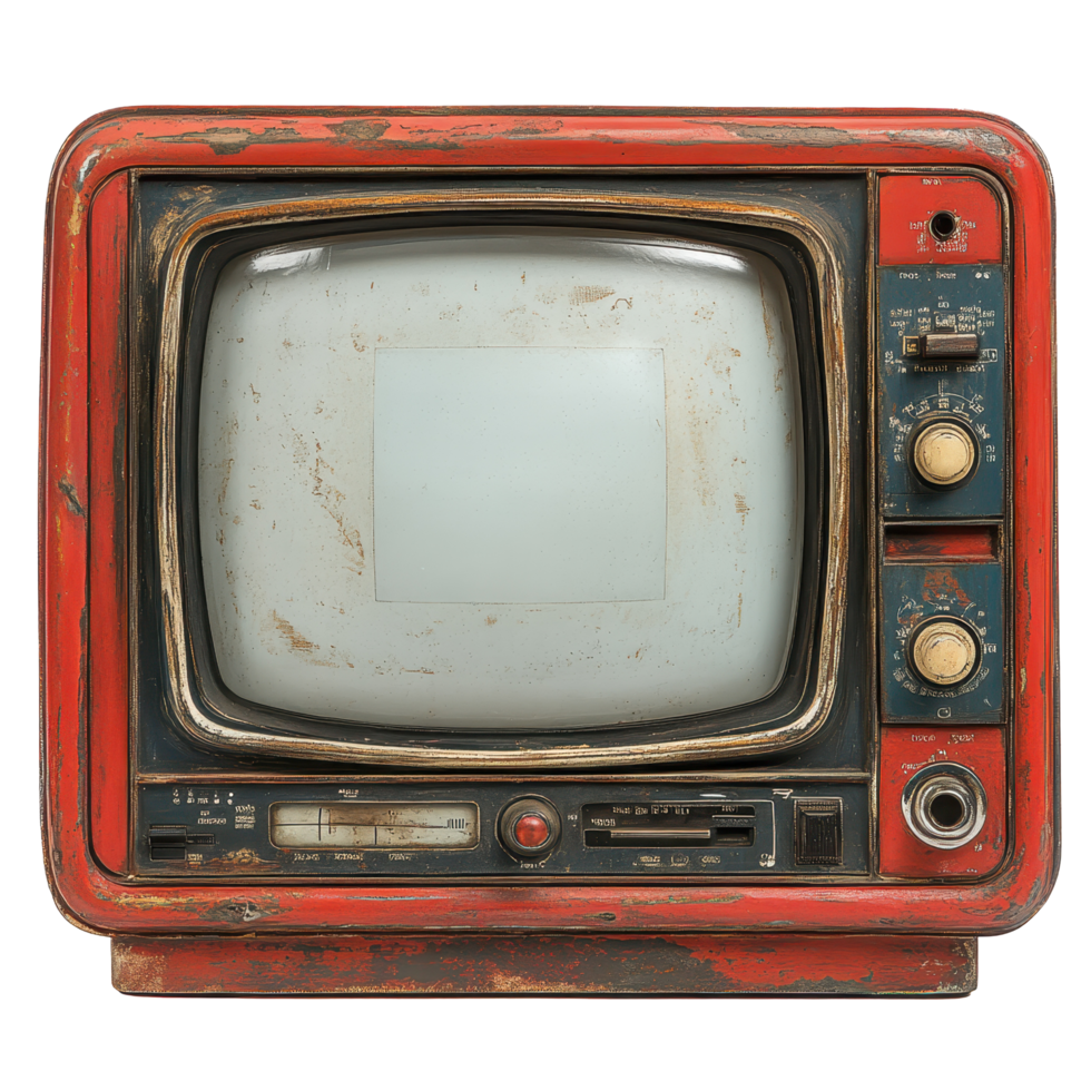 Vintage red television set with worn out exterior and empty screen showcasing retro design elements from the mid-20th century isolated on transparent background png