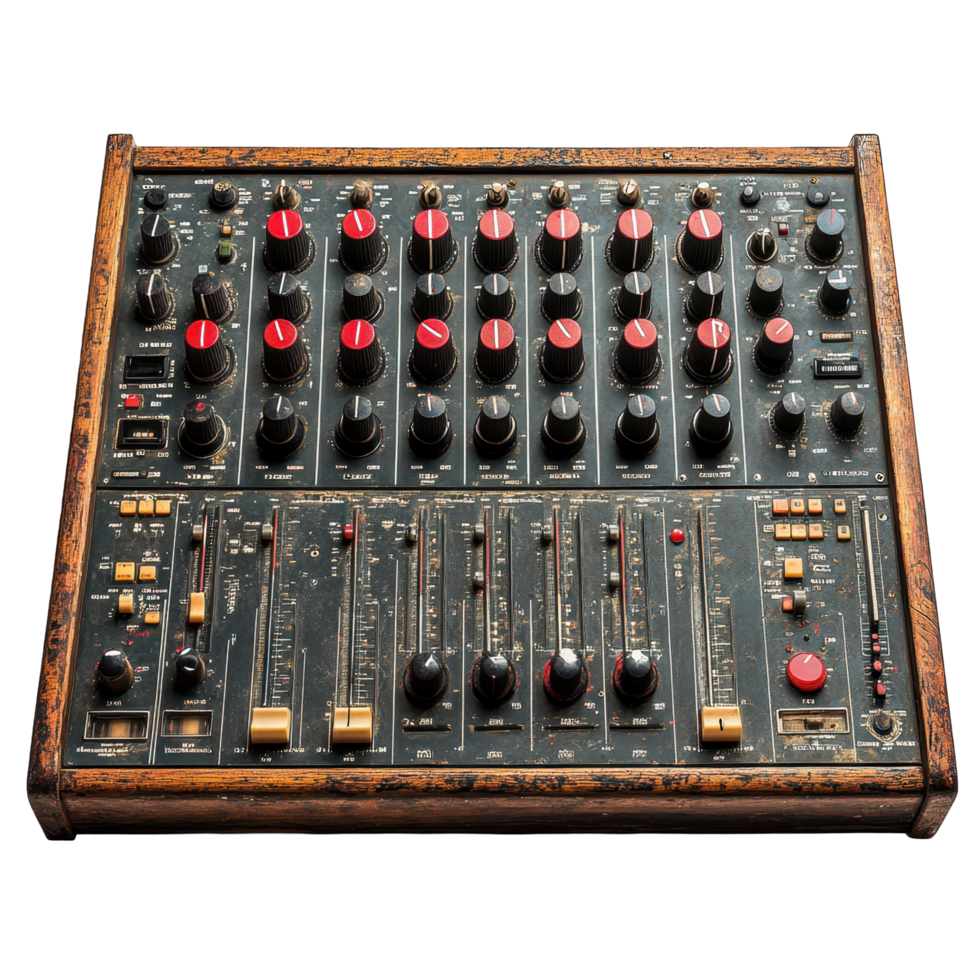 Vintage audio mixing console showcasing intricate design and functionality in a recording studio setting isolated on transparent background png