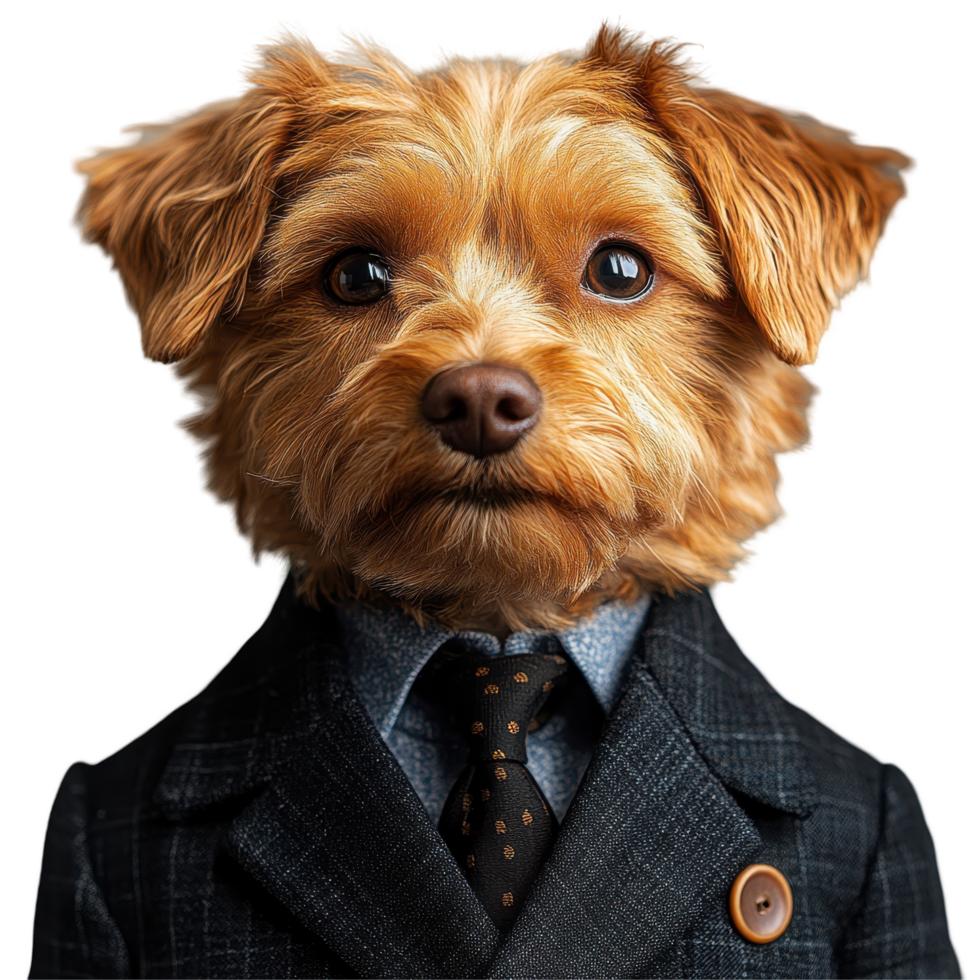 Cute dog dressed in a suit with a tie, posing for a formal portrait in a stylish setting isolated on transparent background png