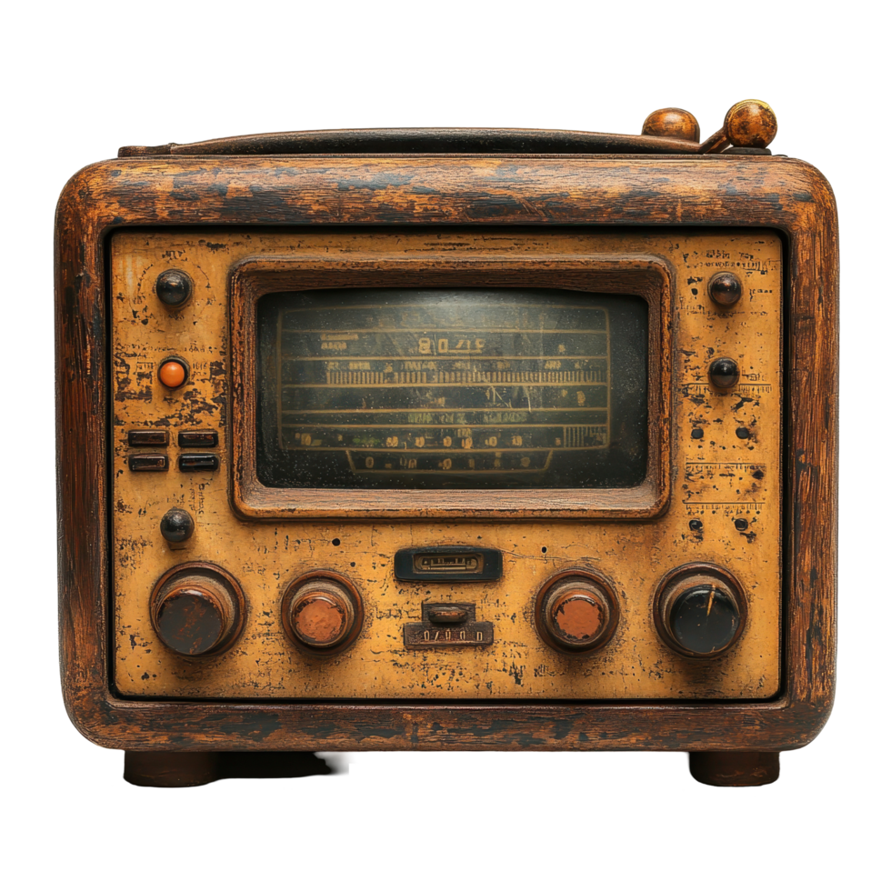 Vintage radio receiver with worn exterior showcasing historical design and functionality from the mid-20th century isolated on transparent background png