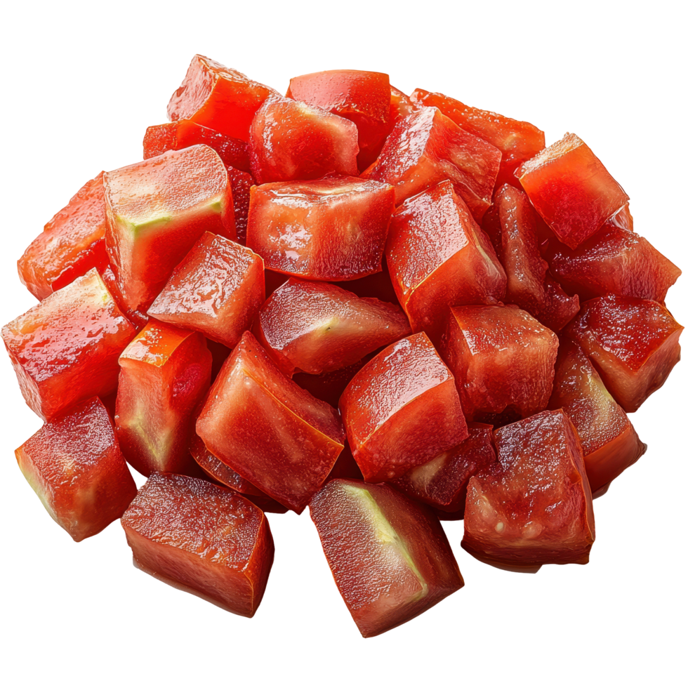 Fresh diced red tomatoes ready for cooking or salad preparation in a kitchen setting isolated on transparent background png